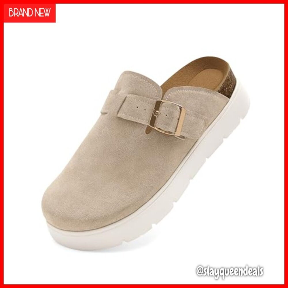 Platform Clogs Women Slip-On Cork Footbed Suede Leather Comfortable Mules - Picture 6 of 7